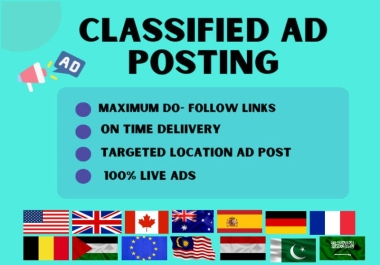 I will provide 120 classified ad posting in top classified sites