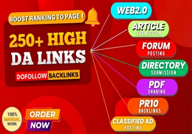 Top Ranking With 250 Mix SEO Backlinks Web2.0,  ARTICLE,  PR10,  Forum posting,  Directory,  PDF